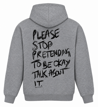 Grey lightweight Talk About It hoodie with black back print, back