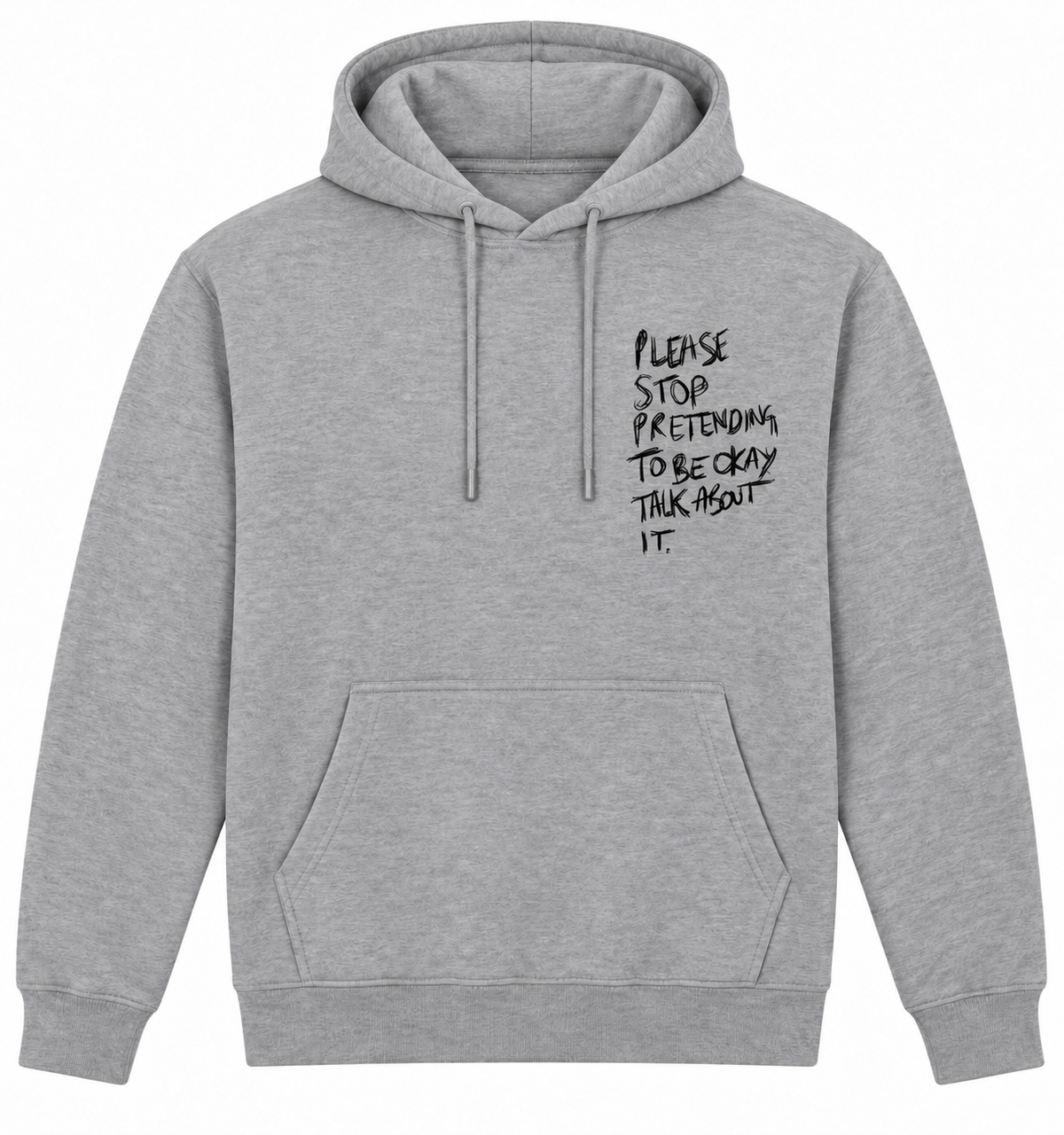 Grey lightweight Talk About It hoodie with black chest print, front