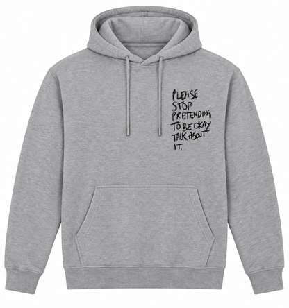 Grey lightweight Talk About It hoodie with black chest print, front