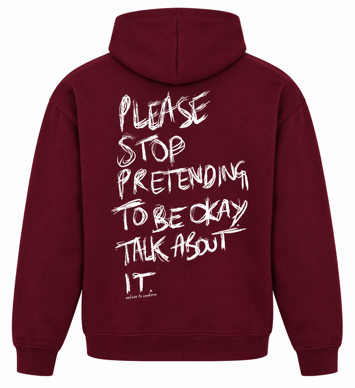 Maroon lightweight Talk About It hoodie with white back print, back
