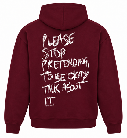 Maroon lightweight Talk About It hoodie with white back print, back