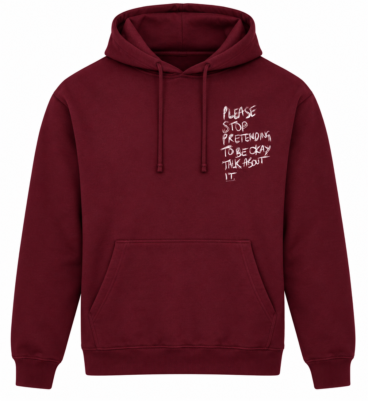Maroon lightweight Talk About It hoodie with white chest print, front