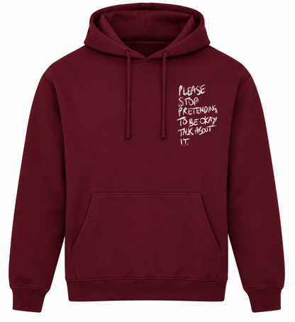 Maroon lightweight Talk About It hoodie with white chest print, front