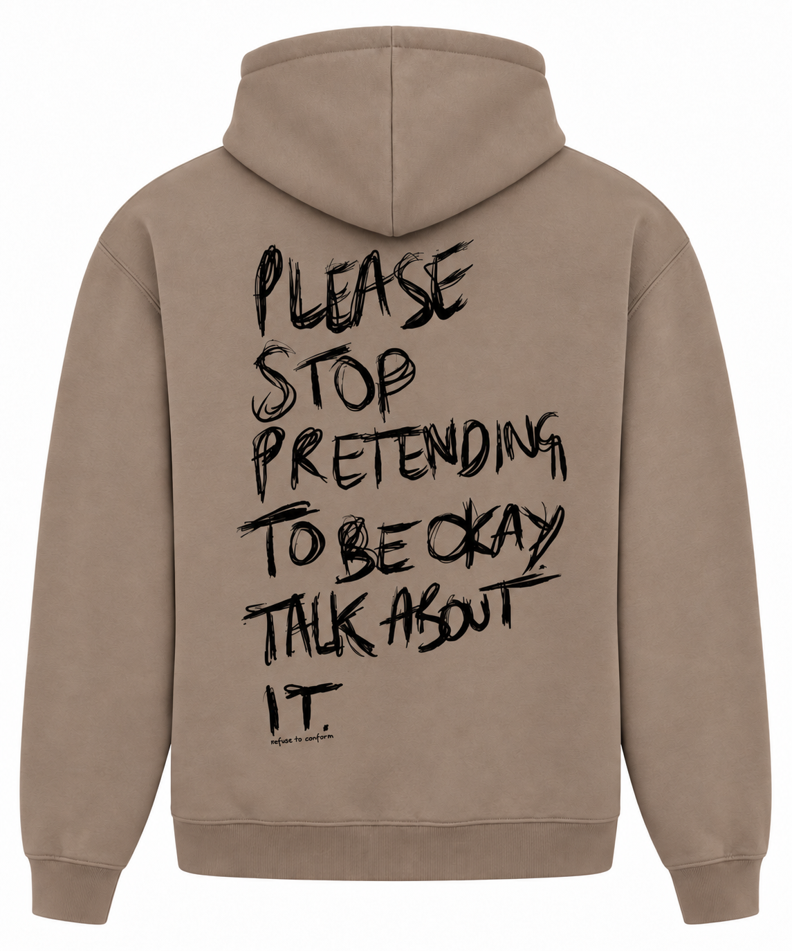 Taupe lightweight Talk About It hoodie with black back print, back