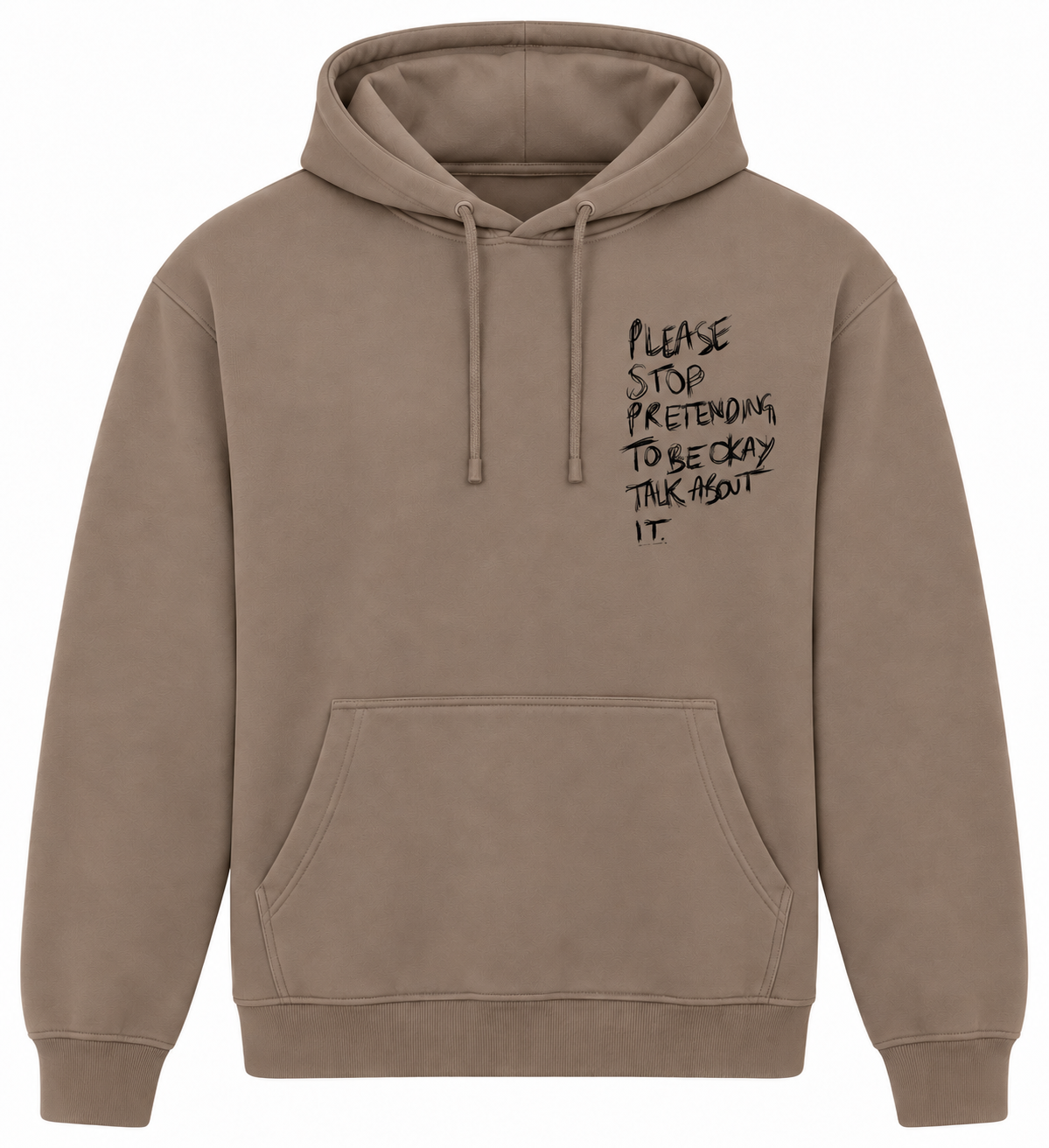 Taupe lightweight Talk About It hoodie with black chest print, front