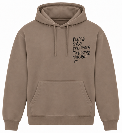 Taupe lightweight Talk About It hoodie with black chest print, front