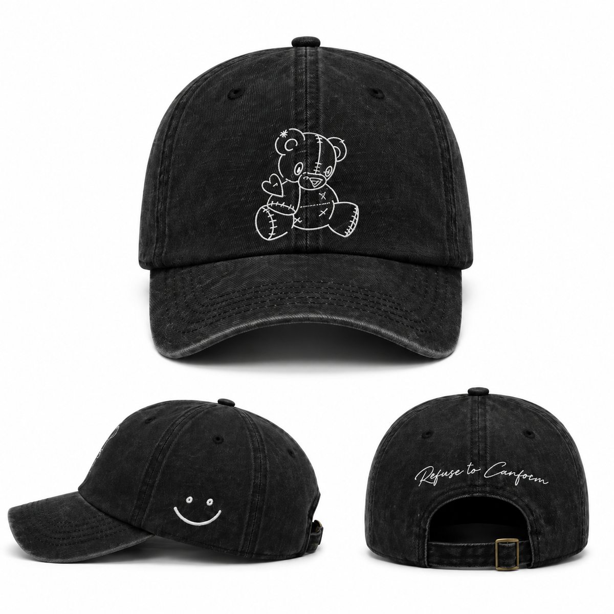 Teddy Embroidered Dad Hat in Washed Black