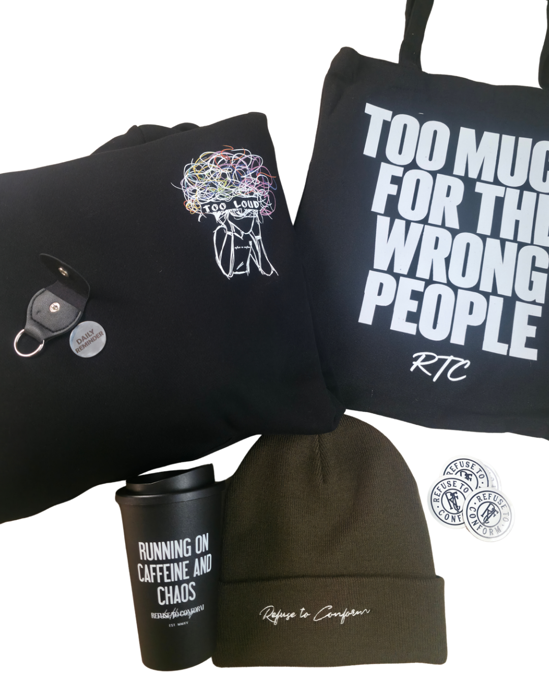 TOO LOUD Ultra-Heavy Hoodie bundle in size 2XL with pocket coin, beanie, travel mug, four stickers and tote bag