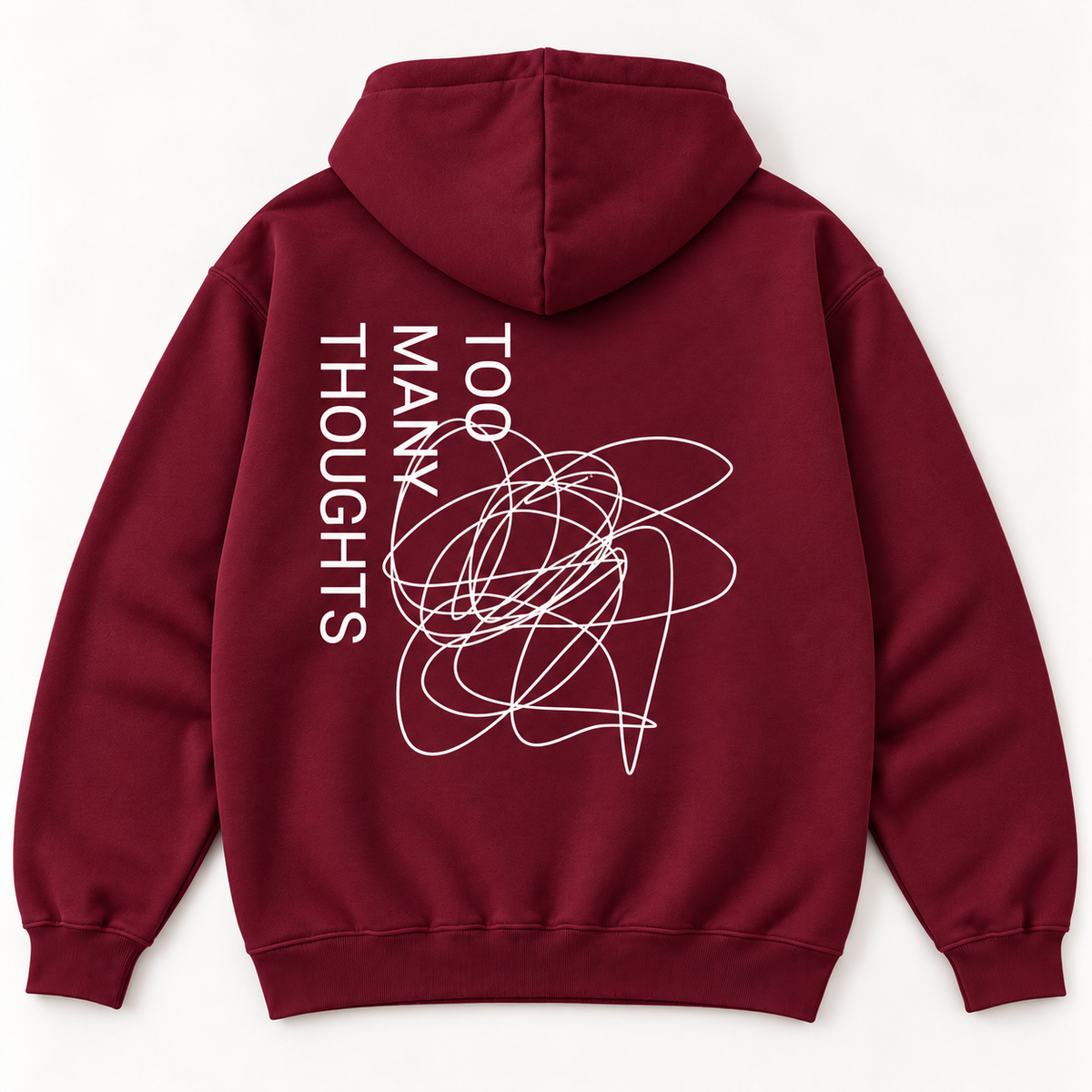 Too Many Thoughts lightweight hoodie in maroon, back view