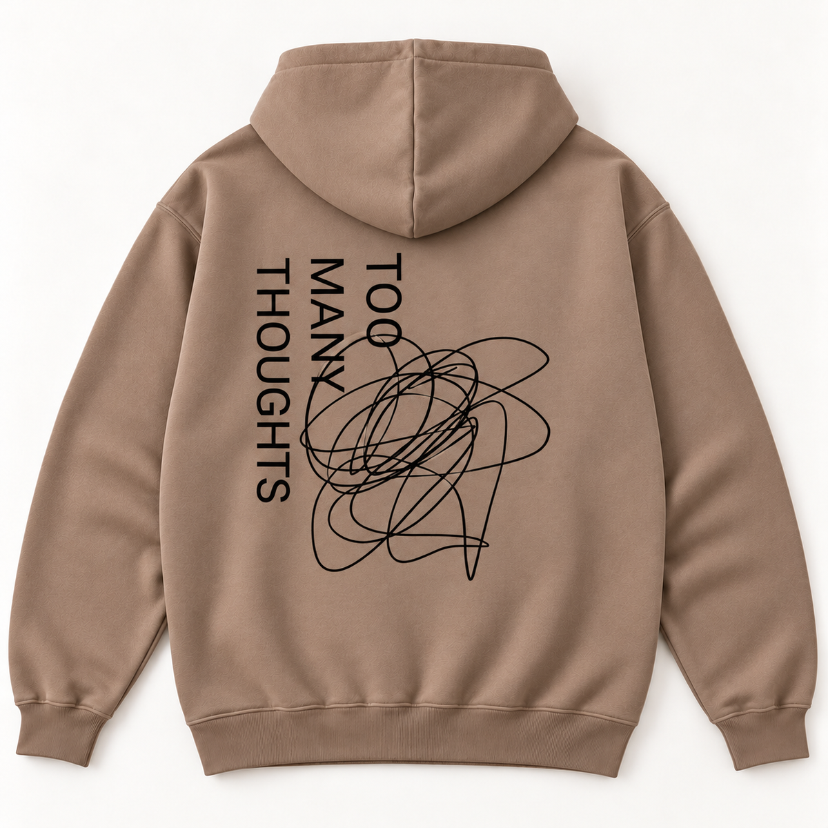 Too Many Thoughts lightweight hoodie in taupe, back view