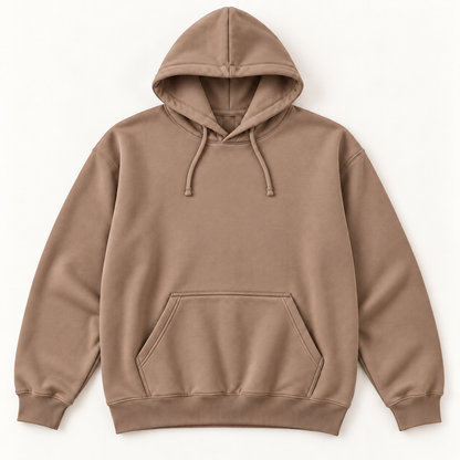 Too Many Thoughts lightweight hoodie in taupe, front view